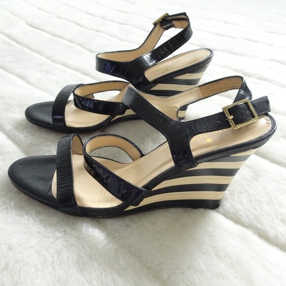 Kate Spade Cindy Wedge Sandals Size 6.5 Black Striped - Picture 1 of 9